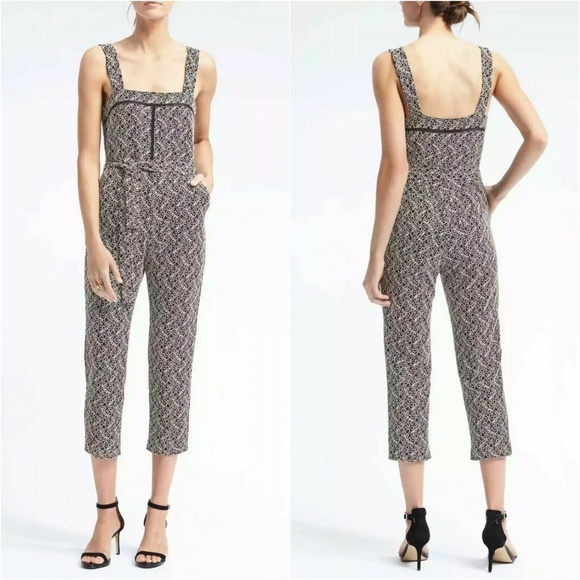 Banana Republic Pants - Banana Republic Belted Jumpsuit Navy Blue Ladder Lace Crop Straight Leg